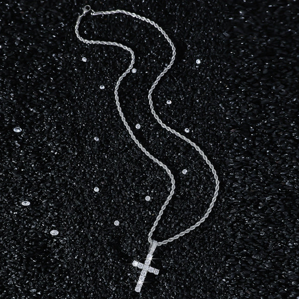 Wholesale Hiphop Copper Alloy Zircon Cross Pendant Necklace Set With Diamonds On Twist Chain Unisex