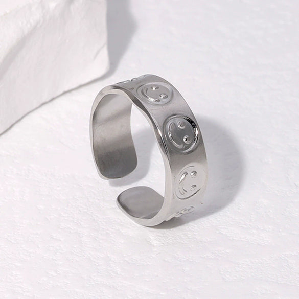 Wholesale Hiphop Creative Open Index Finger Smiley Face Titanium Steel Ring With Electroplating Adjustable For Women