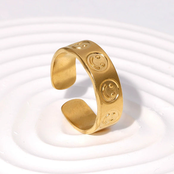 Wholesale Hiphop Creative Open Index Finger Smiley Face Titanium Steel Ring With Electroplating Adjustable For Women
