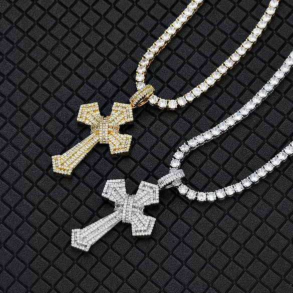 Wholesale Hiphop Cross Copper Zircon Pendant Necklace
