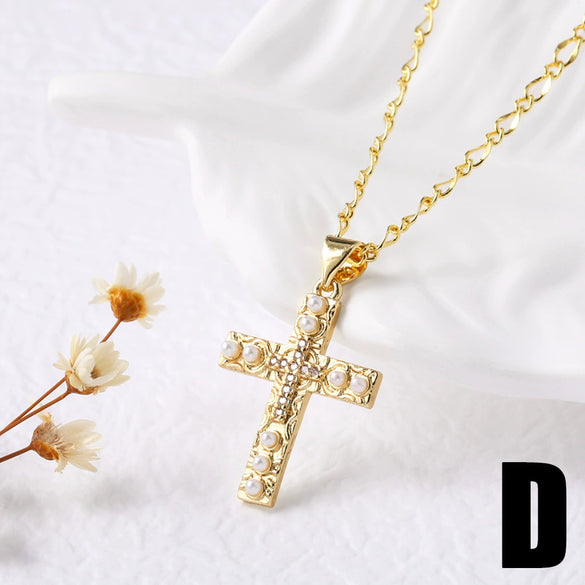 Wholesale Hiphop Retro Cross Pendant Necklace Copper Inlaid With Zircon Geometric Ushaped Electroplated For Women