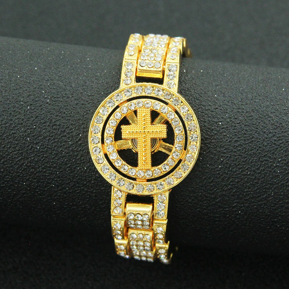 Wholesale Hiphop Rotatable Cross Alloy Watch Chain Bracelet For Men With Geometric Diamond Design