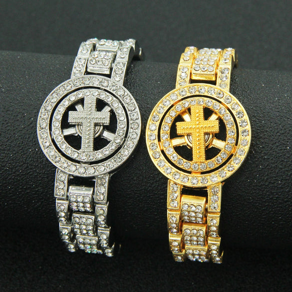 Wholesale Hiphop Rotatable Cross Alloy Watch Chain Bracelet For Men With Geometric Diamond Design