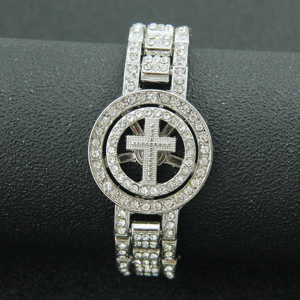 Wholesale Hiphop Rotatable Cross Alloy Watch Chain Bracelet For Men With Geometric Diamond Design