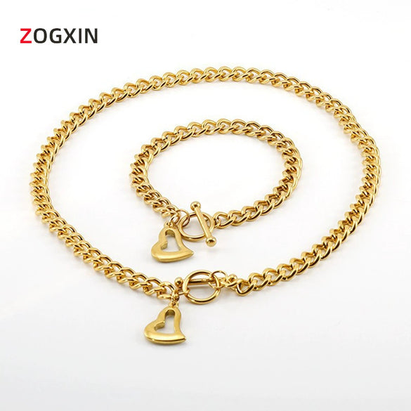 Wholesale Hiphop Stainless Steel And Titanium Steel Heart Pendant Necklace And Bracelet With Electroplating Cuban Chain And Ot Buckle For Women