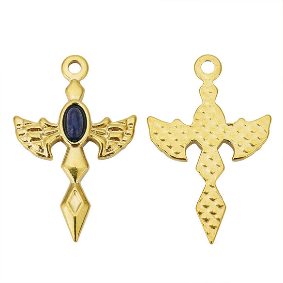 Wholesale Hiphop Stainless Steel Angel Wing Cross Pendant With Electroplating Treatment And Natural Zircon For Female