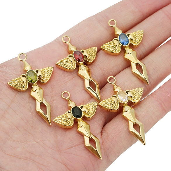 Wholesale Hiphop Stainless Steel Angel Wing Cross Pendant With Electroplating Treatment And Natural Zircon For Female