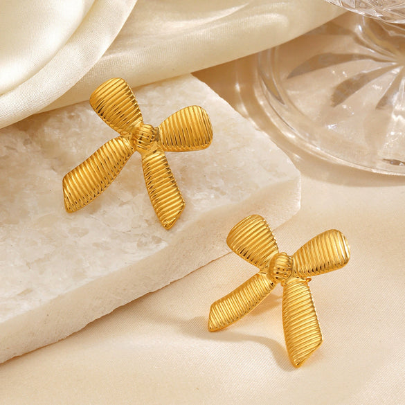 Wholesale Hiphop Stainless Steel Bow Earrings 18K Goldplated