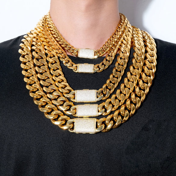 Wholesale Hiphop Stainless Steel Cuban Chain Micropaved Zircon Buckle Necklace With Geometric Pattern 18K Gold Electroplated