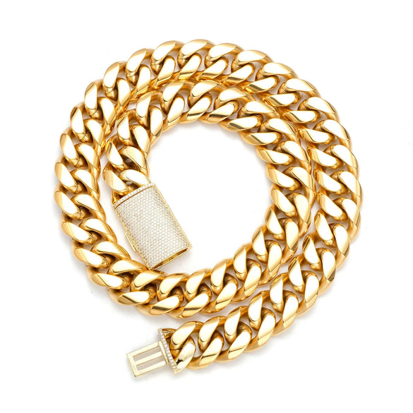 Wholesale Hiphop Stainless Steel Cuban Chain Micropaved Zircon Buckle Necklace With Geometric Pattern 18K Gold Electroplated
