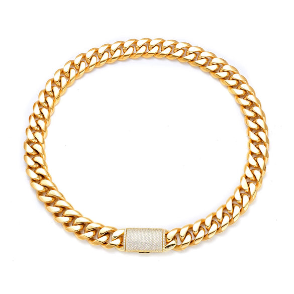 Wholesale Hiphop Stainless Steel Cuban Chain Micropaved Zircon Buckle Necklace With Geometric Pattern 18K Gold Electroplated