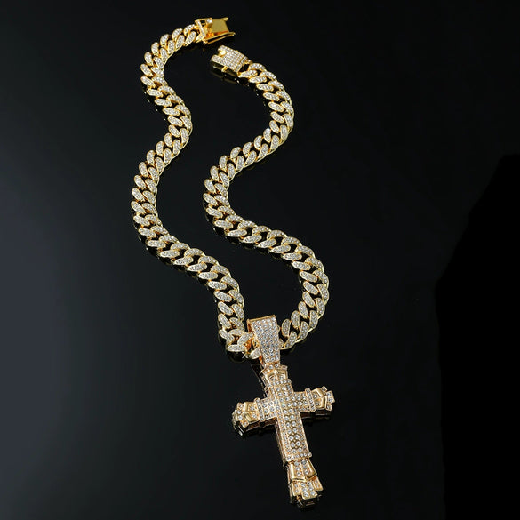 Wholesale Hiphop Style Alloy Cross Pendant Necklace With Diamond And Cuban Chain Geometric Pattern