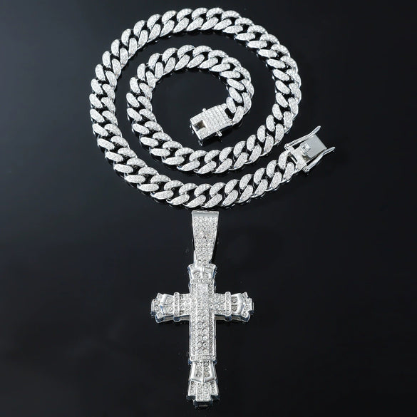 Wholesale Hiphop Style Alloy Cross Pendant Necklace With Diamond And Cuban Chain Geometric Pattern