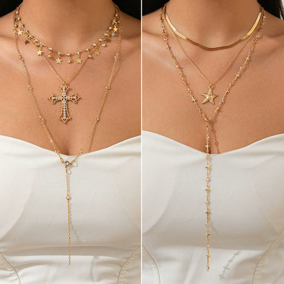 Wholesale Hiphop Style Alloy Pendant Long Necklace With Star Shape And Geometric Pattern Electroplated For Women