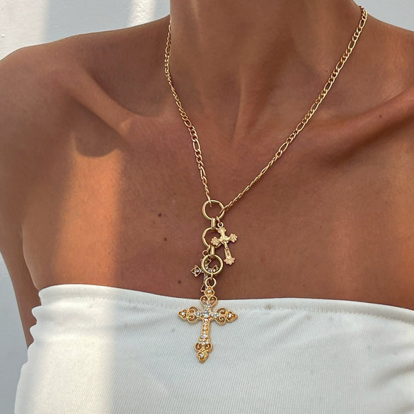 Wholesale Hiphop Style Geometric Alloy And Iron Chain Pendant Necklace With Rhinestones Electroplated For Women