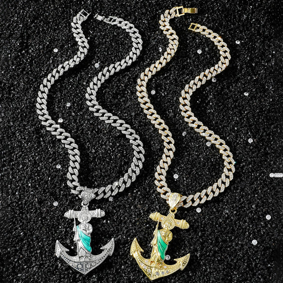 Wholesale Hiphop Style Religious Anchor Pendant Necklace Alloy Material Electroplating Treatment Cuban Chain