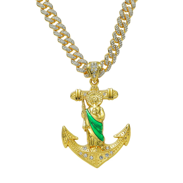 Wholesale Hiphop Style Religious Anchor Pendant Necklace Alloy Material Electroplating Treatment Cuban Chain