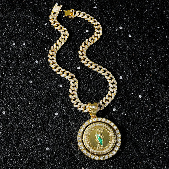 Wholesale Hiphop Style Religious Rotation Statue Pendant Necklace Alloy Material Electroplating Treatment Cuban Chain Style For Men