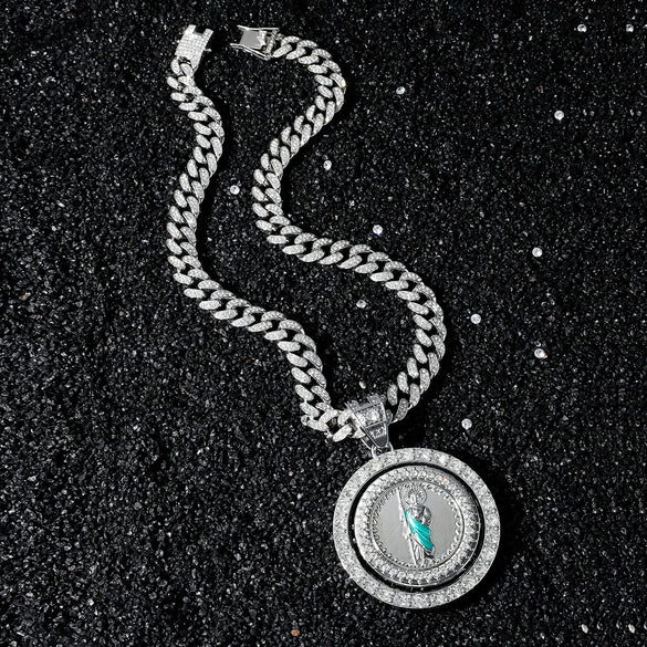 Wholesale Hiphop Style Religious Rotation Statue Pendant Necklace Alloy Material Electroplating Treatment Cuban Chain Style For Men
