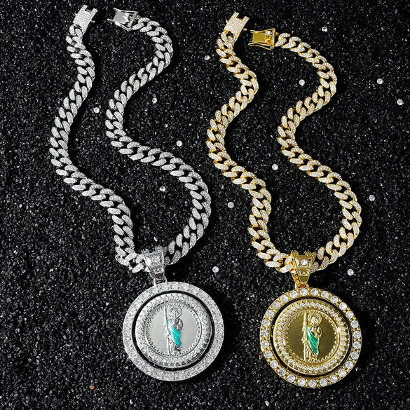 Wholesale Hiphop Style Religious Rotation Statue Pendant Necklace Alloy Material Electroplating Treatment Cuban Chain Style For Men