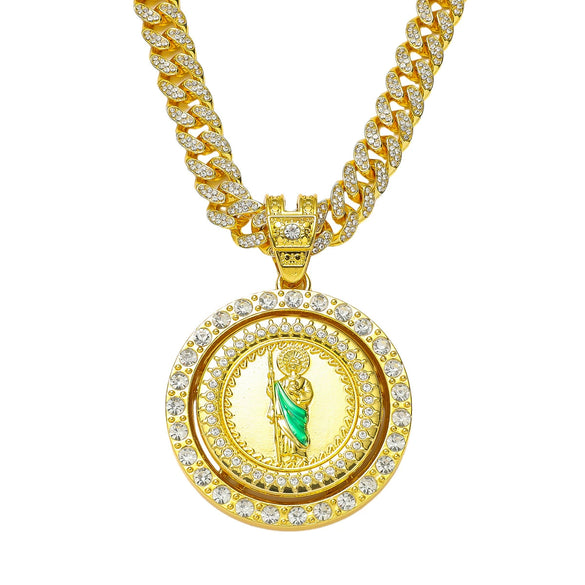 Wholesale Hiphop Style Religious Rotation Statue Pendant Necklace Alloy Material Electroplating Treatment Cuban Chain Style For Men