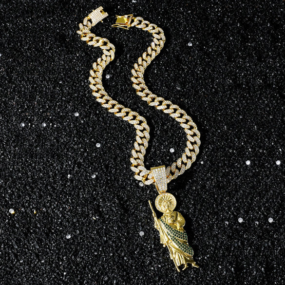 Wholesale Hiphop Style Religious Statue Pendant Necklace Zinc Alloy Cuban Chain Electroplating