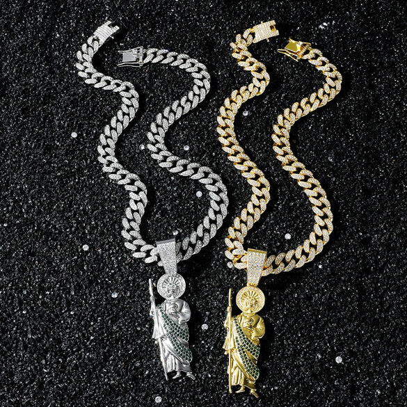 Wholesale Hiphop Style Religious Statue Pendant Necklace Zinc Alloy Cuban Chain Electroplating