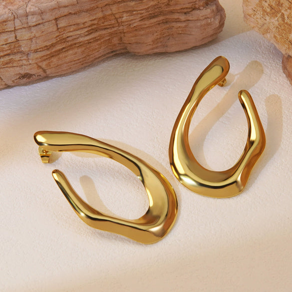 Wholesale Hiphop Style Titanium Steel Exaggerated Earrings With Geometric Ring Lines And Hollow Design Electroplated For Women