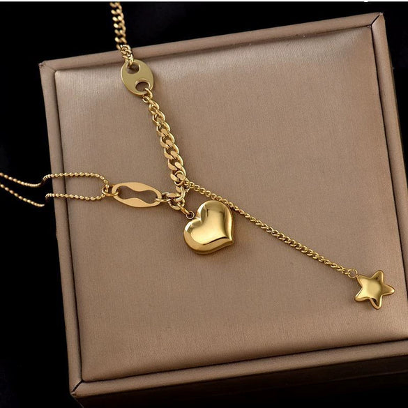 Wholesale Hiphop Threedimensional Peach Heart Titanium Steel Necklace With Fivepointed Star Tassel And Electroplating Treatment For Women