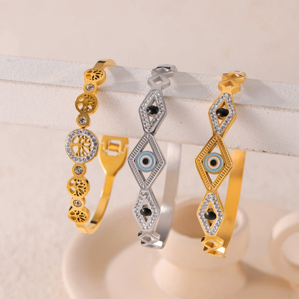 Wholesale Hollow Jewelry Devil's Eye Tree Of Life Diamond Design Sense 316L Stainless Steel Goldplated Bracelet
