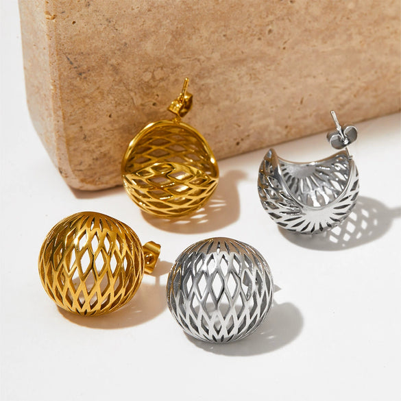 Wholesale Hollow Spherical Stainless Steel Earrings With Metal Mesh Hemisphere Design And Electroplating For Women