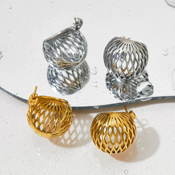 Wholesale Hollow Spherical Stainless Steel Earrings With Metal Mesh Hemisphere Design And Electroplating For Women