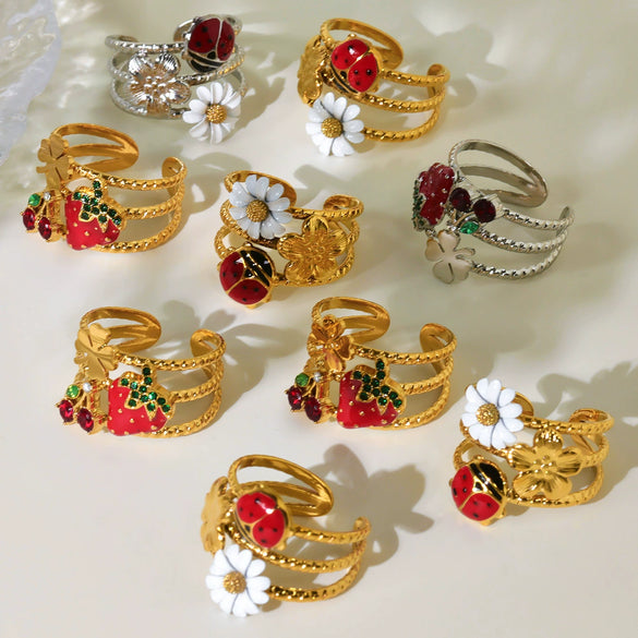 Wholesale Hollow Wide Version Oildropped Zircon Daisy Ladybug Opening Design Stainless Steel Ring With Electroplating For Women