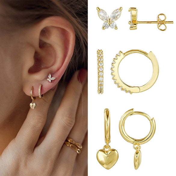 Wholesale Hoop Earrings Brass Real Gold Electroplated Peach Heart Butterfly Micro Inlaid Zircon