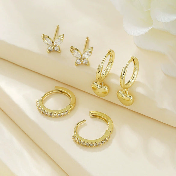 Wholesale Hoop Earrings Brass Real Gold Electroplated Peach Heart Butterfly Micro Inlaid Zircon