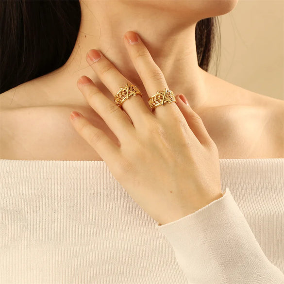 Wholesale IG Style Glam Commute Cross Leaves Copper Hollow Out Inlay 18K Gold Plated Zircon Open Rings