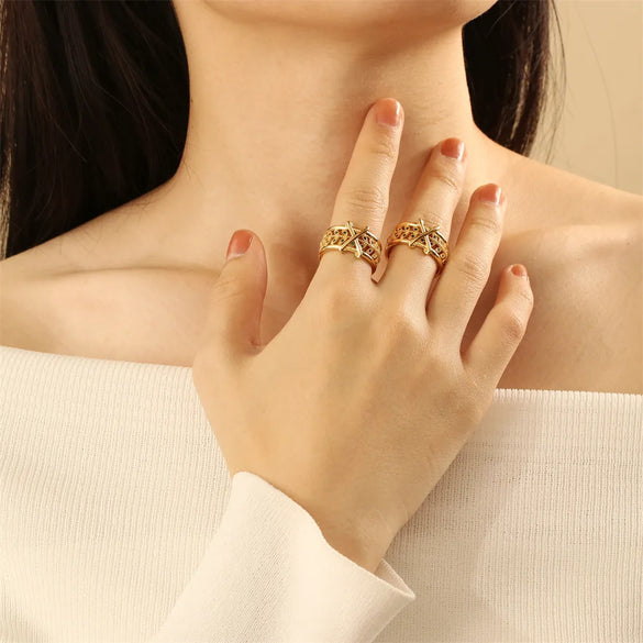 Wholesale IG Style Glam Commute Cross Leaves Copper Hollow Out Inlay 18K Gold Plated Zircon Open Rings