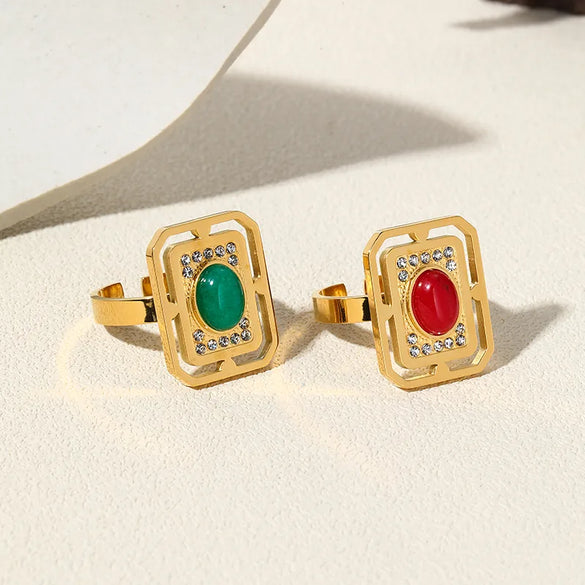Wholesale Jewelry IG Style Modern Style Square Oval 304 Stainless Steel Natural Stone 18K Gold Plated Plating Inlay Open Rings