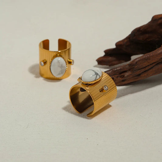 Wholesale Ig Style Vacation Oval Stainless Steel Stainless Steel Plating Inlay 18k Gold Plated Natural Stone Open Rings