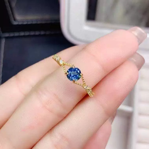 Wholesale Imitation Natural London Blue Topaz Opening Ring For Women Copper Material With Geometric Design