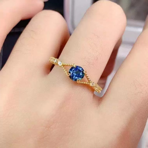Wholesale Imitation Natural London Blue Topaz Opening Ring For Women Copper Material With Geometric Design
