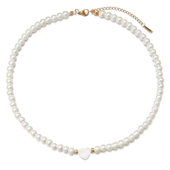 Wholesale Imitation Pearl And Alloy Heart Shape Handmade Necklace With Snake Bone Chain