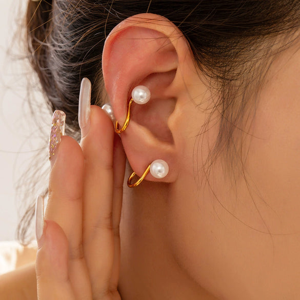 Wholesale Imitation Pearl Ear Clip Cold Niche Style Titanium Steel 18K Gold Plated Geometric Design