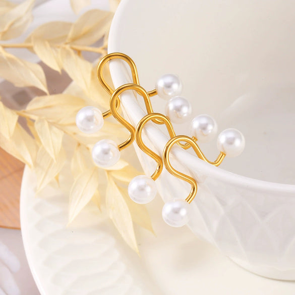 Wholesale Imitation Pearl Ear Clip Cold Niche Style Titanium Steel 18K Gold Plated Geometric Design