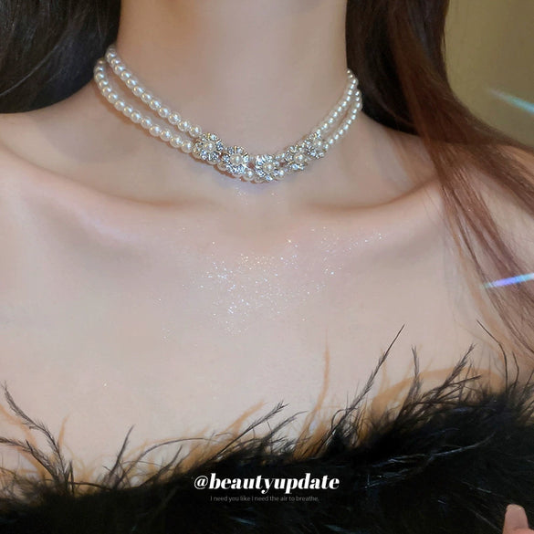 Wholesale Imitation Pearl Flower Handmade Double Layer Clavicle Necklace Fashion Elegant Light Luxury For Women