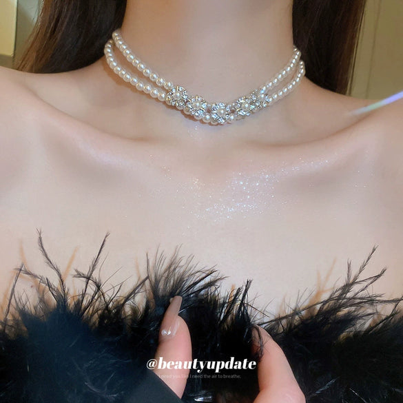 Wholesale Imitation Pearl Flower Handmade Double Layer Clavicle Necklace Fashion Elegant Light Luxury For Women
