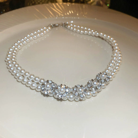 Wholesale Imitation Pearl Flower Handmade Double Layer Clavicle Necklace Fashion Elegant Light Luxury For Women