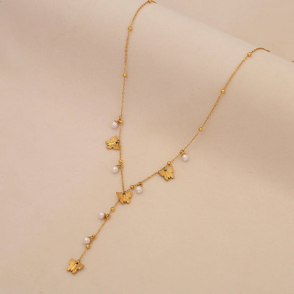 Wholesale Imitation Pearl Flower Stainless Steel Y Shaped Butterfly Necklace With Electroplating For Women