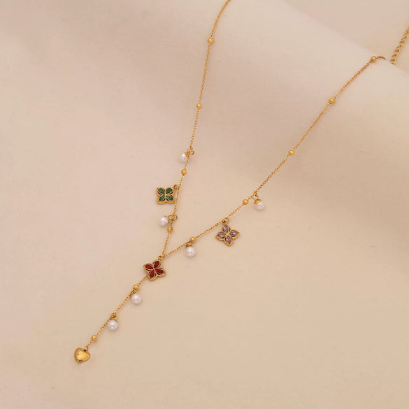 Wholesale Imitation Pearl Flower Stainless Steel Y Shaped Butterfly Necklace With Electroplating For Women