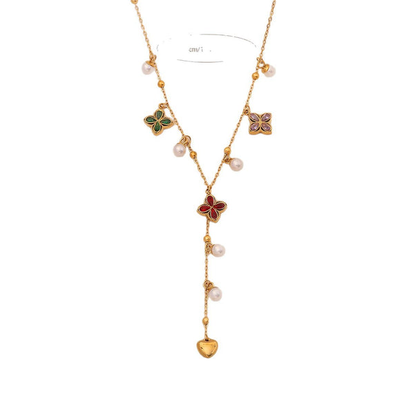 Wholesale Imitation Pearl Flower Stainless Steel Y Shaped Butterfly Necklace With Electroplating For Women